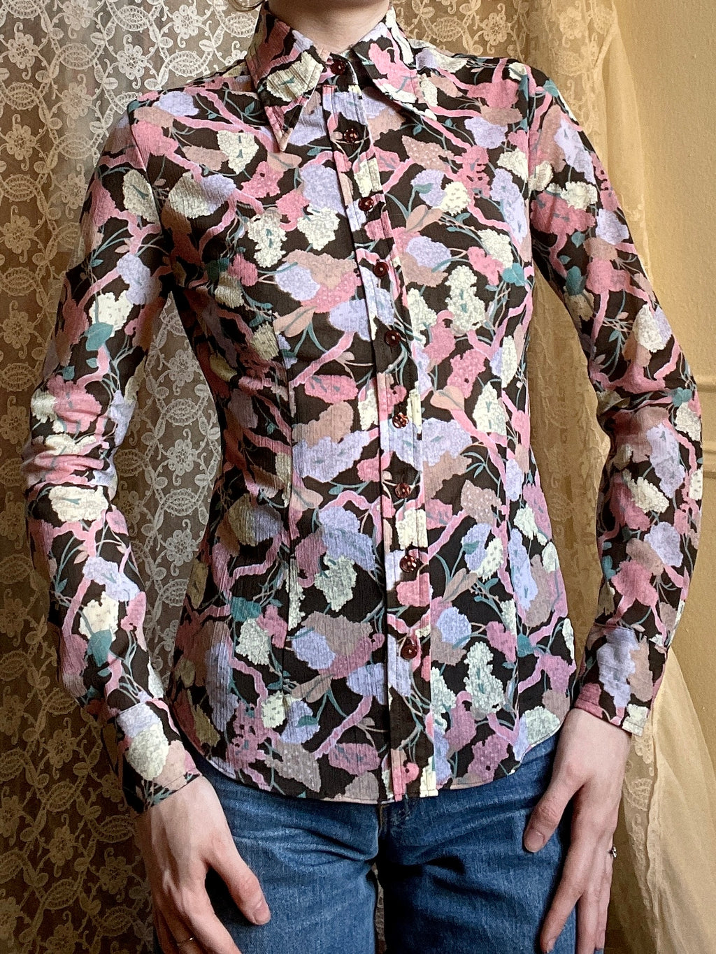 1970s Brown Pink Purple Floral Hydrangea Printed Button Up Blouse