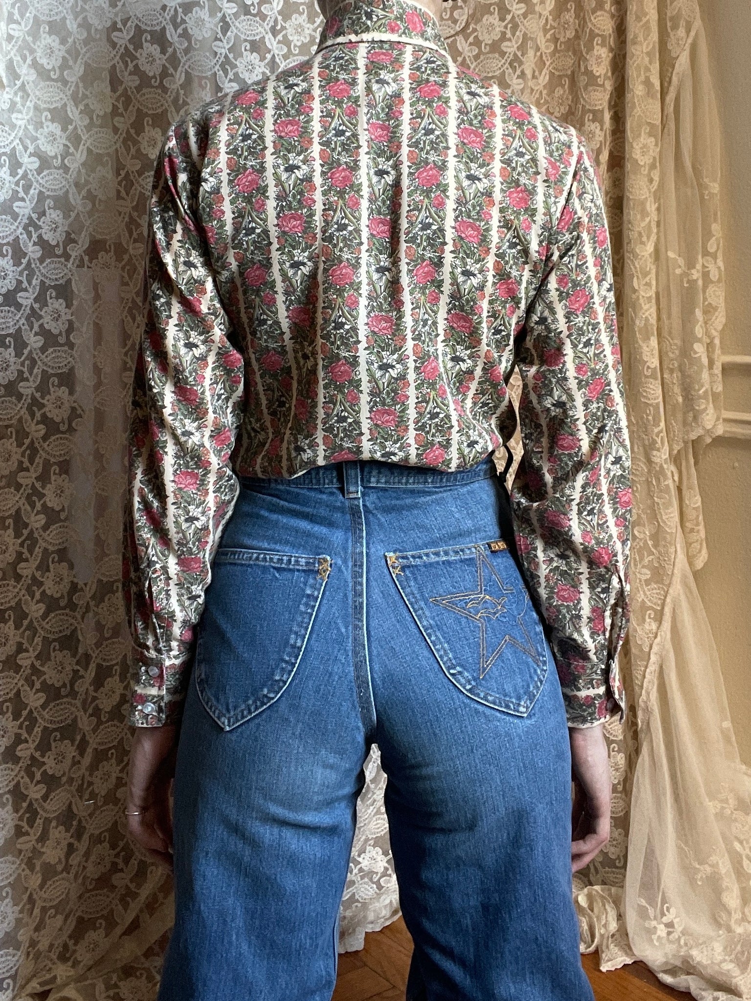 1980s Floral Striped Button Up Shirt