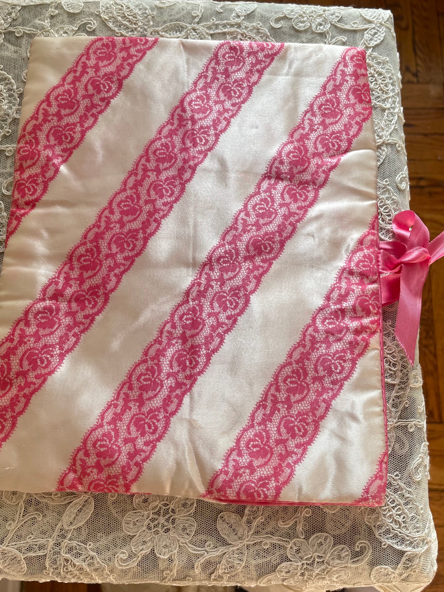 Schiaparelli Pink & White Lace Pattern Fabric Lingerie Bag - Ruby Lane