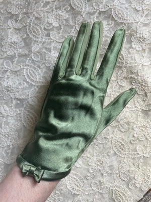 1960s Green Satin Gloves