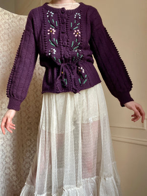 1980s Purple Floral Embroidered does 1940s  Knit Ribbon Button up Cardigan Balloon Sleeves