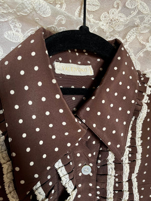 1990s Valentino Silk Brown White Dotted Blouse Bell Sleeves Ruffle Lace Jabot Button up