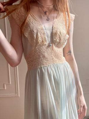 1930s Pale Blue Sheer Silk Chiffon Cream Lace Low Back Dress