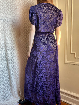 1930s Deep Purple Devore Silk Velvet Gown Bias Cut Sheer Dress