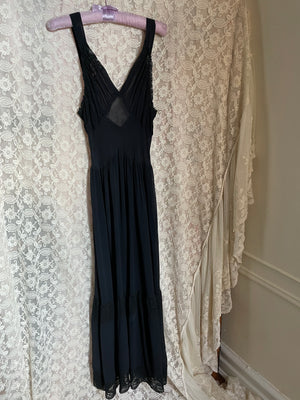 1940s Black Lace Sheer Rayon Bias Cut Full Slip Dress Low Back Handsewn Details