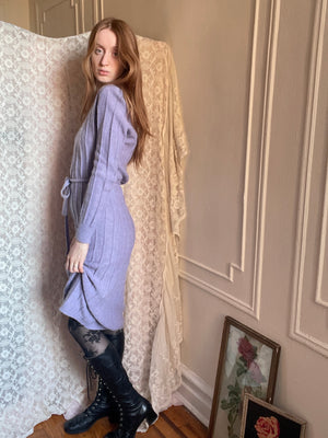 1970s Lavender Knit Sweater Dress Embroidered Floral Butterfly