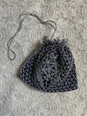 1960s Silver Lame Metallic Crochet Purple Velvet Belt Drawstring Purse Set