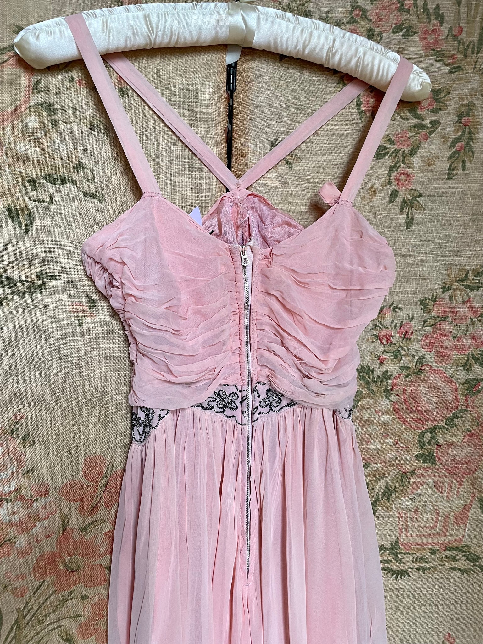 1940s Pale Blush Pink Rayon Chiffon Dress Gown Soutache Crystals