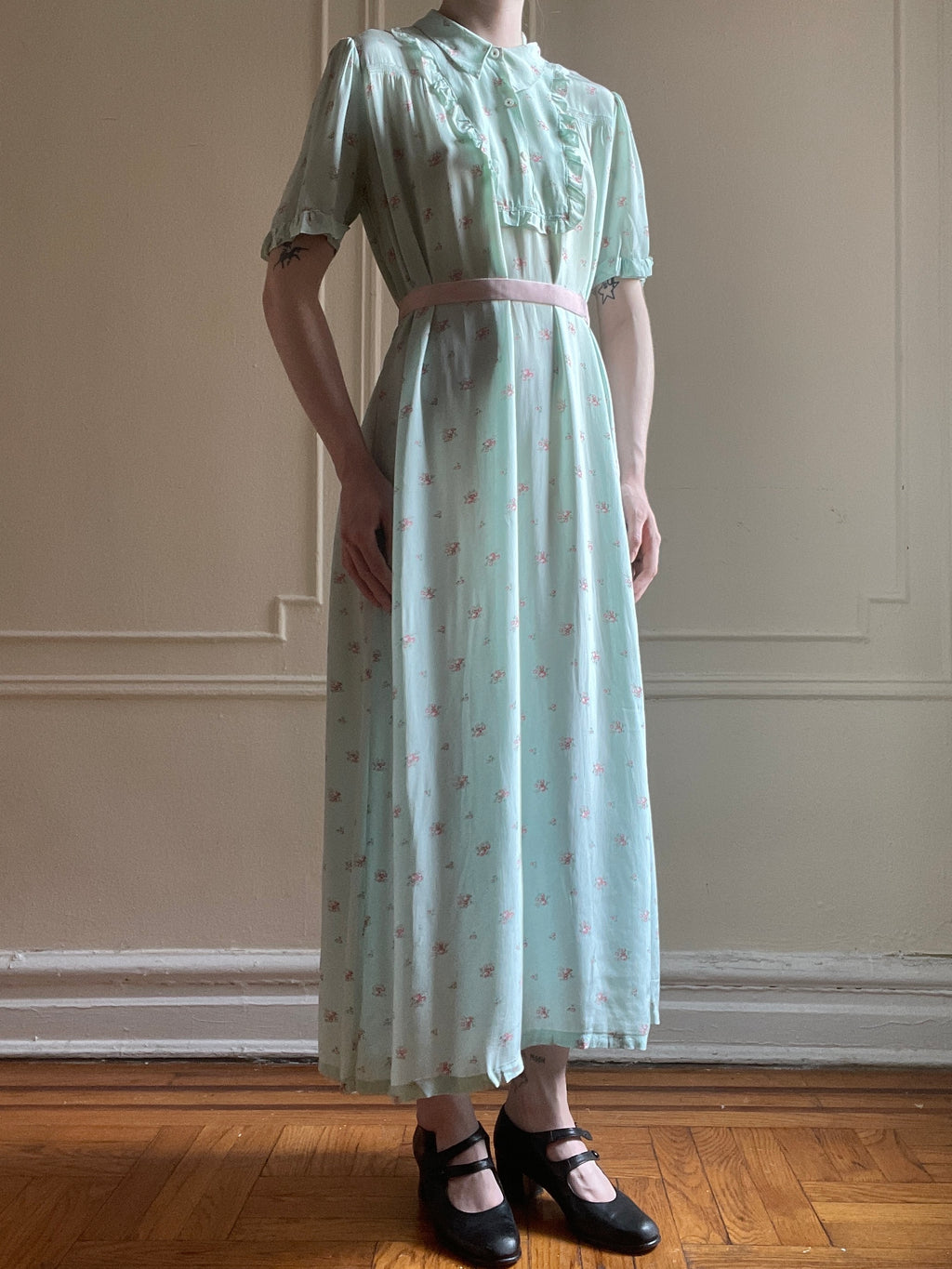 1940s Blue Floral Rayon Dress Button Up Collar