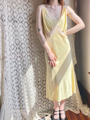 1940s Lace Yellow Bias Cut Rayon Slip Dress