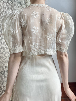 1930s Cream Organza Floral Embroidered Bolero