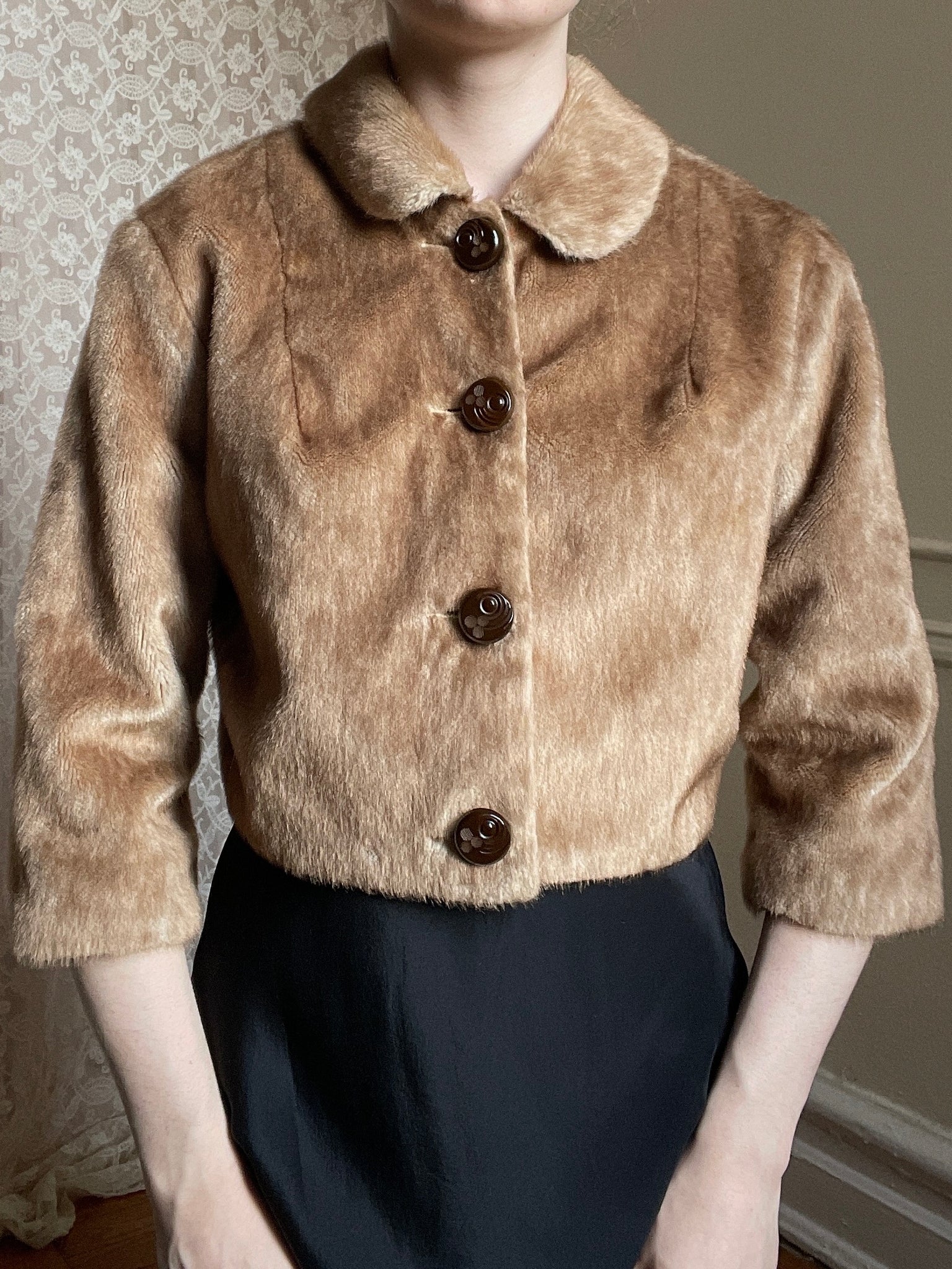 1960s Brown Faux Fur Cropped Jacket Satin Lined