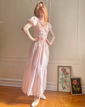 1930s Pink Sheer Cotton Dainty Floral Dress Tiered Puff Sleeve Bow Tie Back