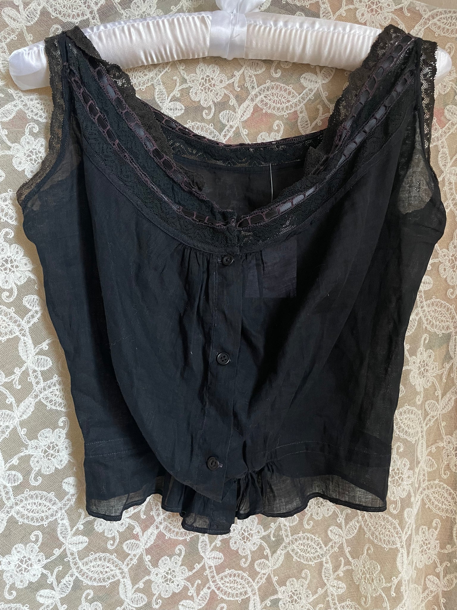 1900s Black Cotton Lace Overdyed Corset Cover Camisole