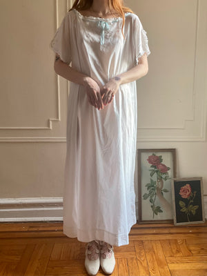 1910s White Cotton Floral Embroidered Dress Pink Blue Ribbon