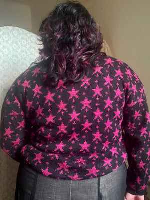 1980s Black Pink Star Sweater Sparkle Knit Pullover