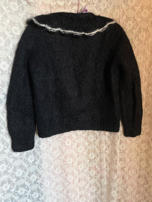 1980s Black Fluffy Mohair Wool Knit Sweater Ruffle Pearl