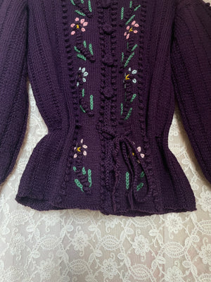 1980s Purple Floral Embroidered does 1940s  Knit Ribbon Button up Cardigan Balloon Sleeves