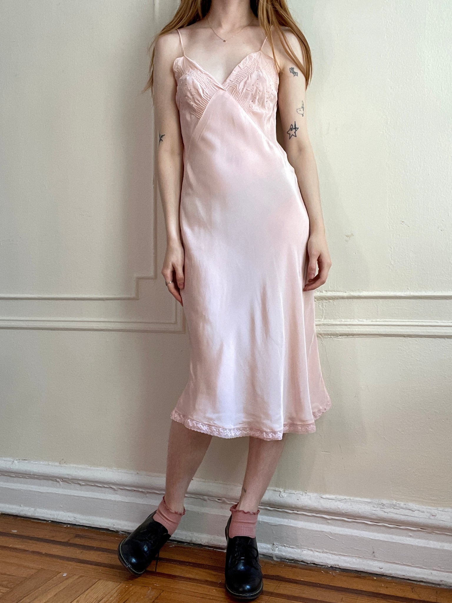 pink slip dress 1940s Blush Pink Rayon Bias Cut Midi Slip Dress Antique Handsewn Flora – Breath Of the Earth