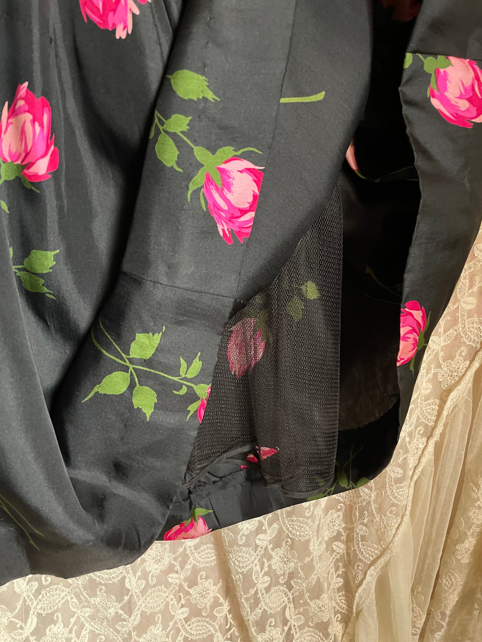 1950s Silk Black Pink Rose Printed Midi Dress