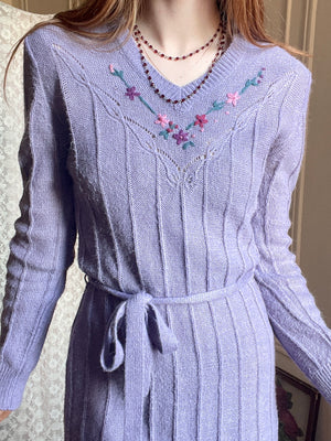 1970s Lavender Knit Sweater Dress Embroidered Floral Butterfly