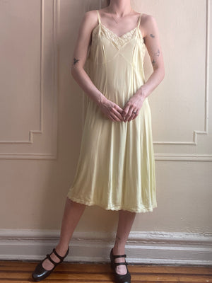 1940s Yellow Rayon Jersey Slip Dress Embroidered Trim