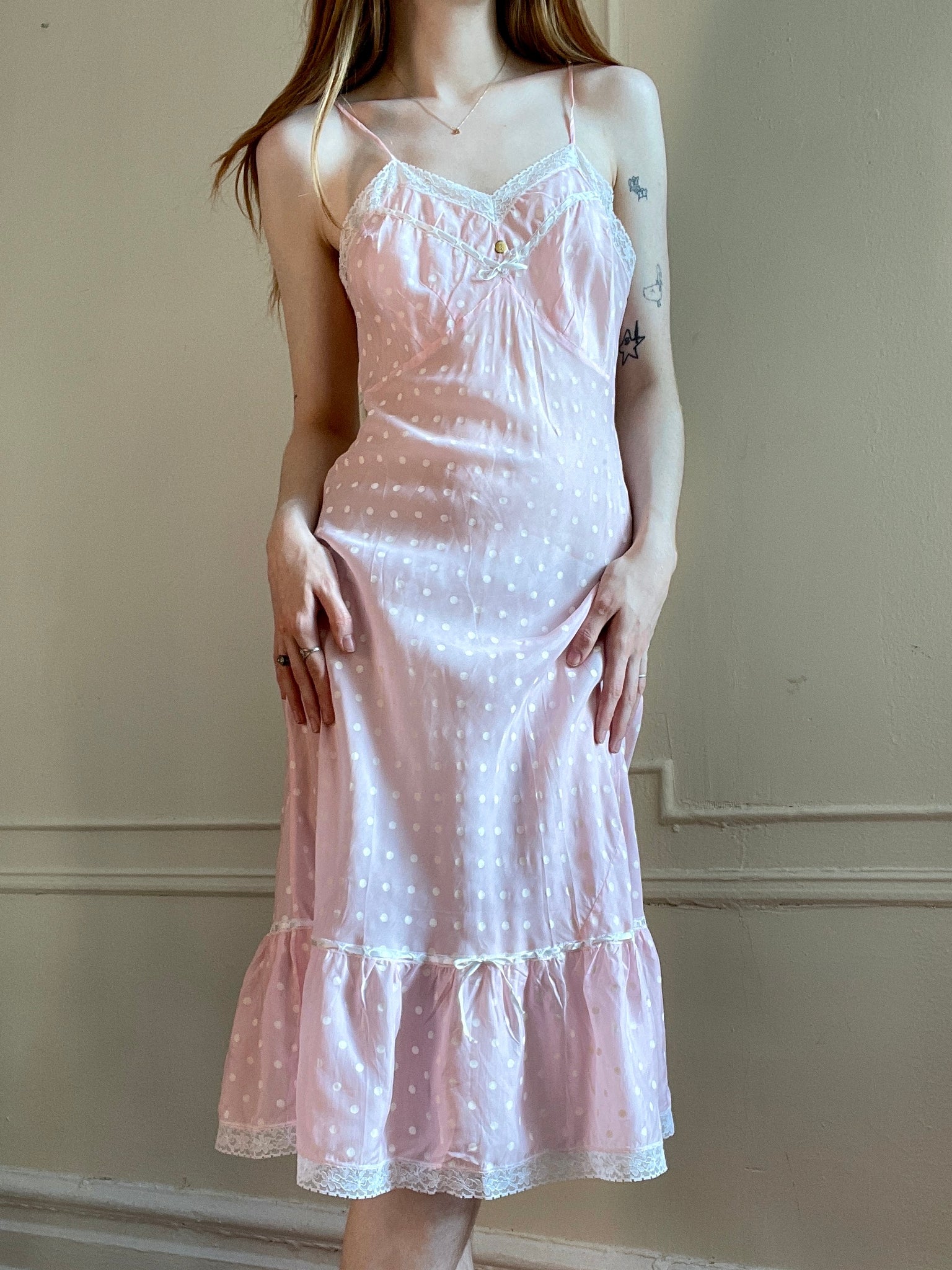 Deadstock 1960s Pink White Dotted Rayon Bias Cut Midi Slip Dress Sheer Print Ribbon Ruffle Hem