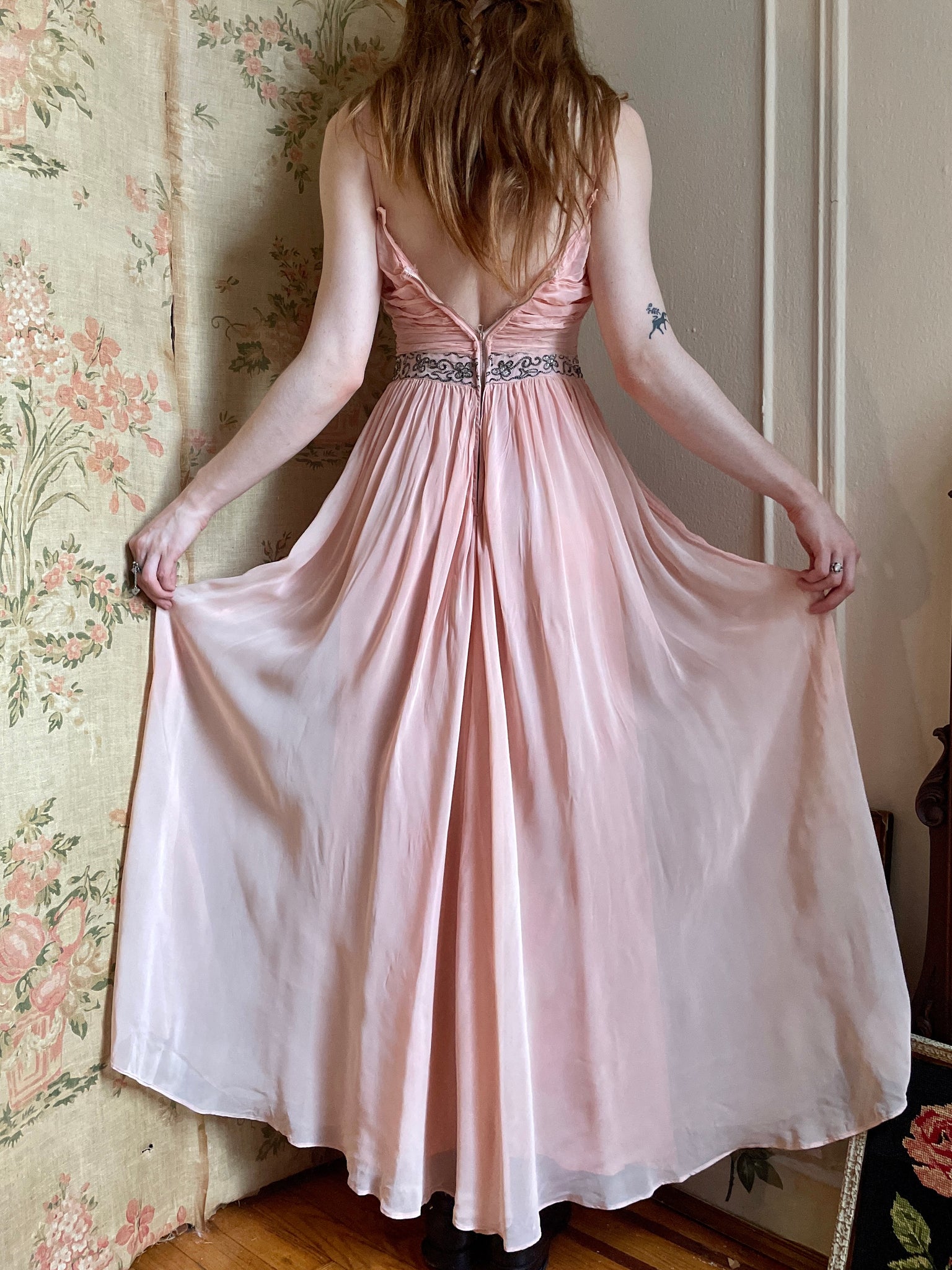 1940s Pale Blush Pink Rayon Chiffon Dress Gown Soutache Crystals