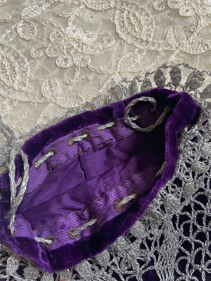 1960s Silver Lame Metallic Crochet Purple Velvet Belt Drawstring Purse Set