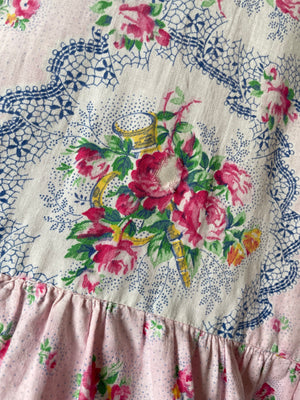 1940s Pink Lace Rose Floral Print Cotton House Dress Zipper Front
