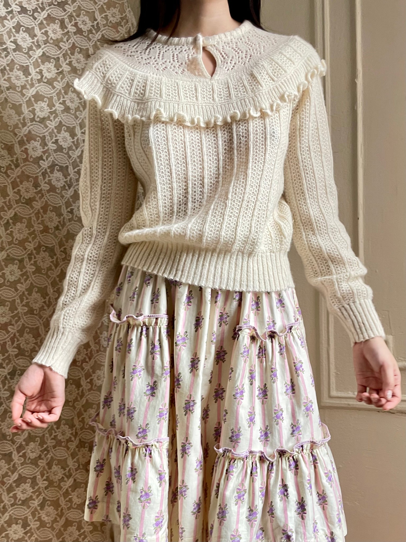 1970s Cream Ruffle Bib Pointelle Knit Sweater