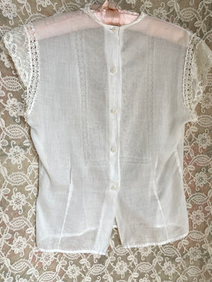 Antique White Cotton Floral Eyelet Collared Cap Sleeve Blouse Button Up