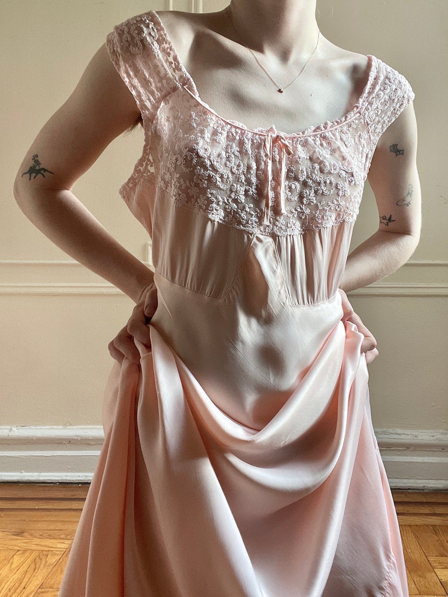 1940s Pink Tambour Lace Slip Dress Bias Cut Rayon Satin Breath Of the Earth 1940s Pink Tambour Lace Slip Dress Bias Cut Rayon Satin Breath Of the Earth