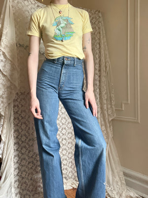 1970s Star Moon Embroidered Bell Bottom Jeans by Hash
