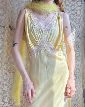 1940s Lace Yellow Bias Cut Rayon Slip Dress