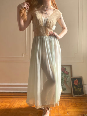 1930s Pale Blue Sheer Silk Chiffon Cream Lace Low Back Dress