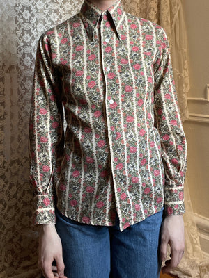 1980s Floral Striped Button Up Shirt