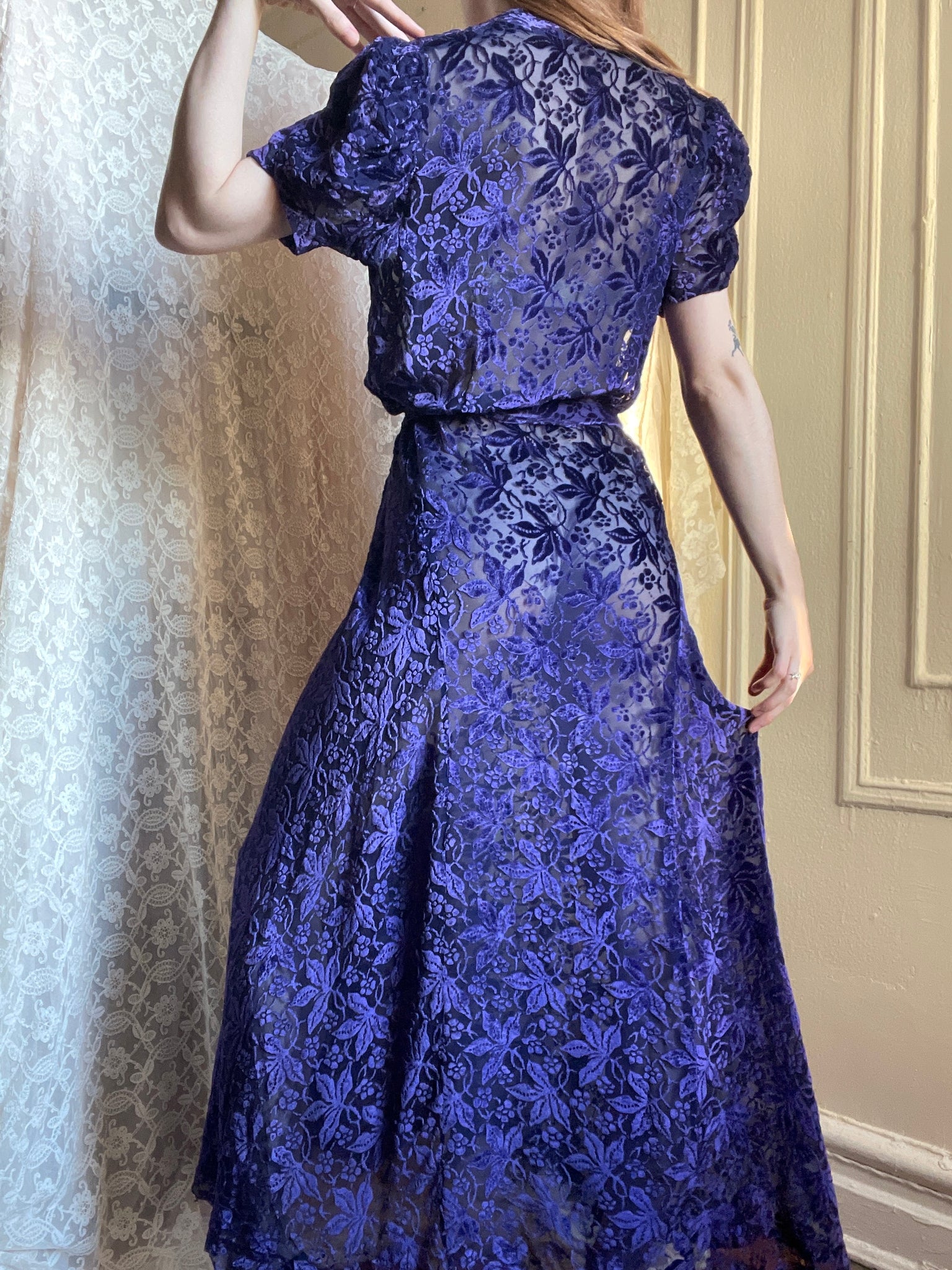 1930s Deep Purple Devore Silk Velvet Gown Bias Cut Sheer Dress