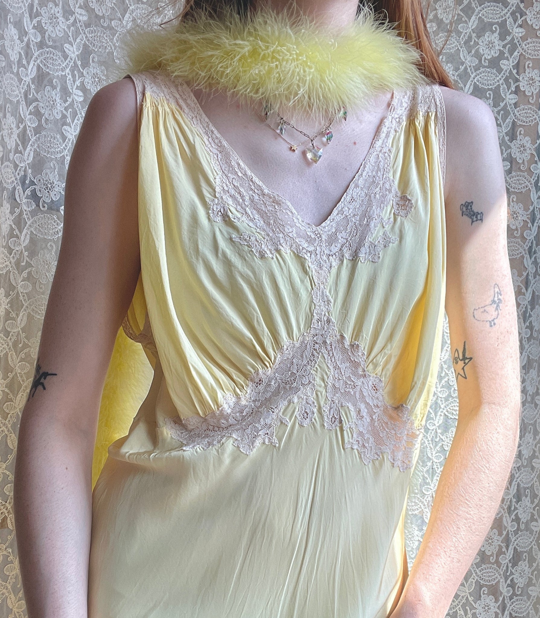1940s Lace Yellow Bias Cut Slip