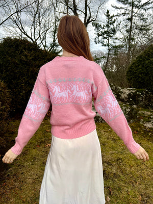 1990s Pink Unicorn White Floral Knit Pullover Sweater