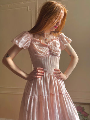 1930s Pink Sheer Cotton Dainty Floral Dress Tiered Puff Sleeve Bow Tie Back