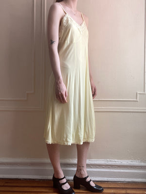 1940s Yellow Rayon Jersey Slip Dress Embroidered Trim