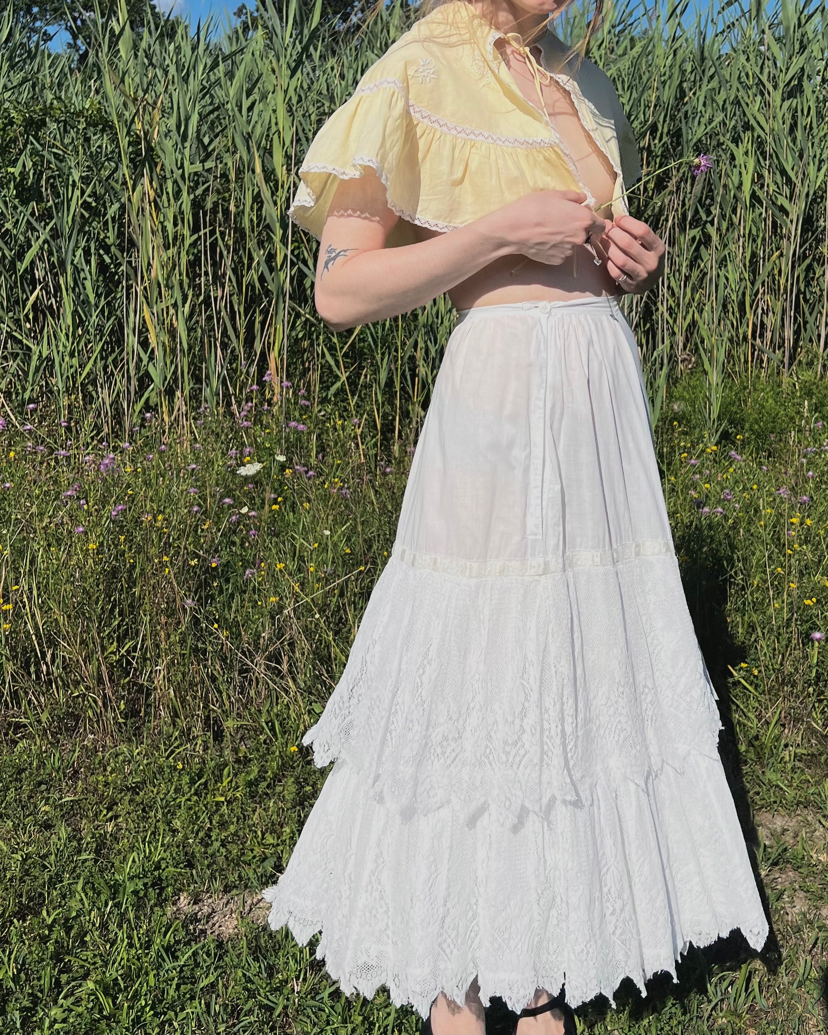 1910s Floral Lace White Cotton Skirt Petticoat Original Ribbon