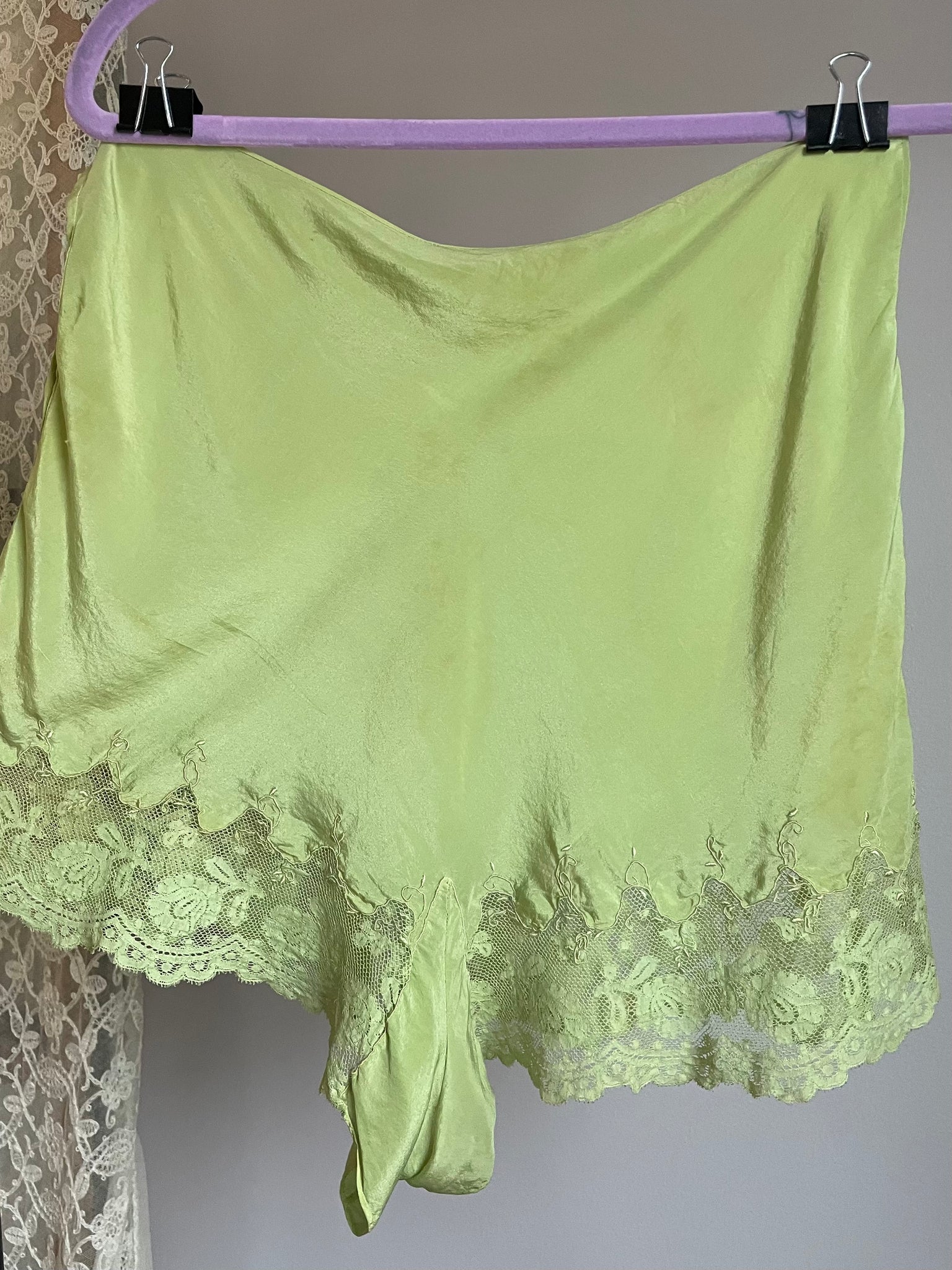 1930s Silk Green Hand Dyed Tap Shorts Lace Embroidered