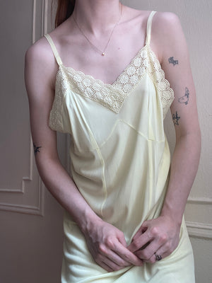 1940s Yellow Rayon Jersey Slip Dress Embroidered Trim