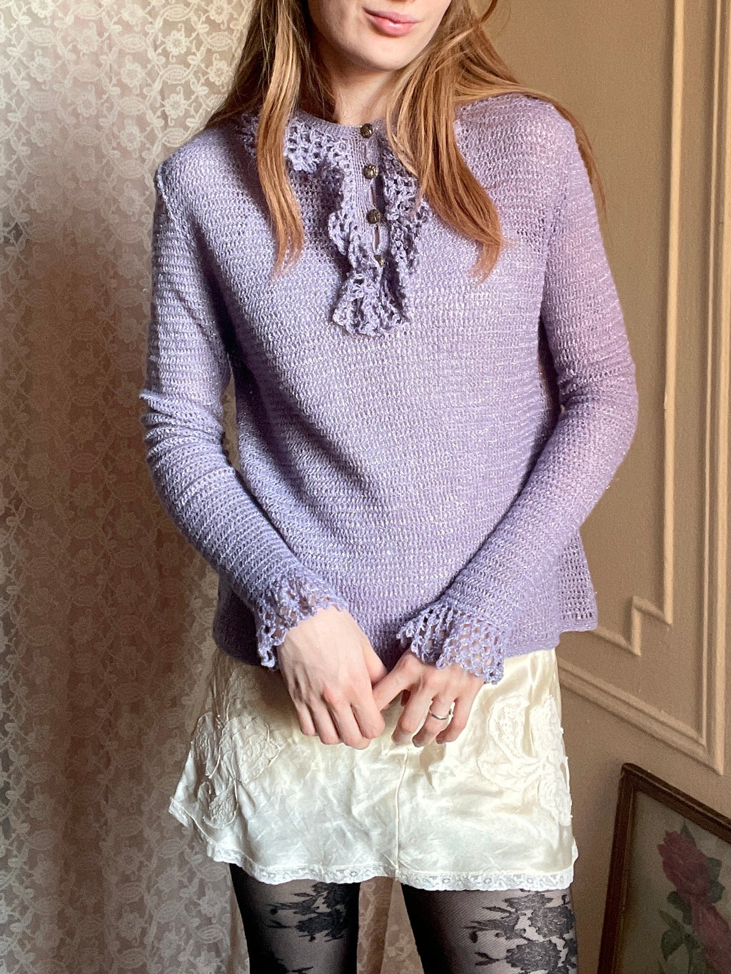 1980s Lilac Purple Lace Silver Sparkle Knit Sweater