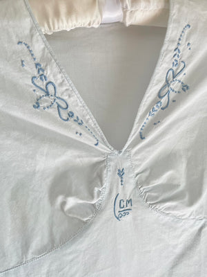 1930s Cotton Light Blue Emroidered Puff Sleeve Dress