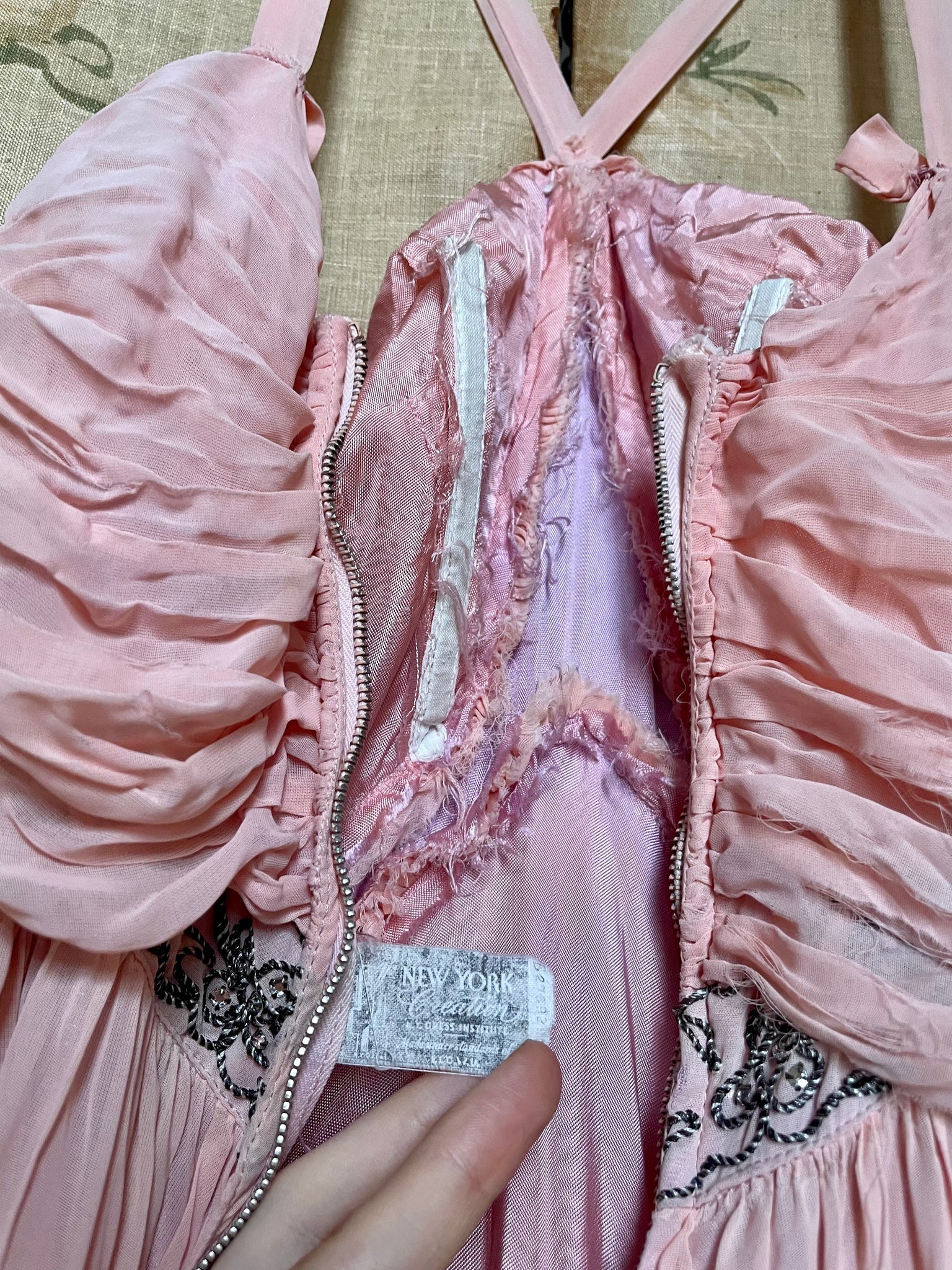 1940s Pale Blush Pink Rayon Chiffon Dress Gown Soutache Crystals