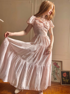 1930s Pink Sheer Cotton Dainty Floral Dress Tiered Puff Sleeve Bow Tie Back