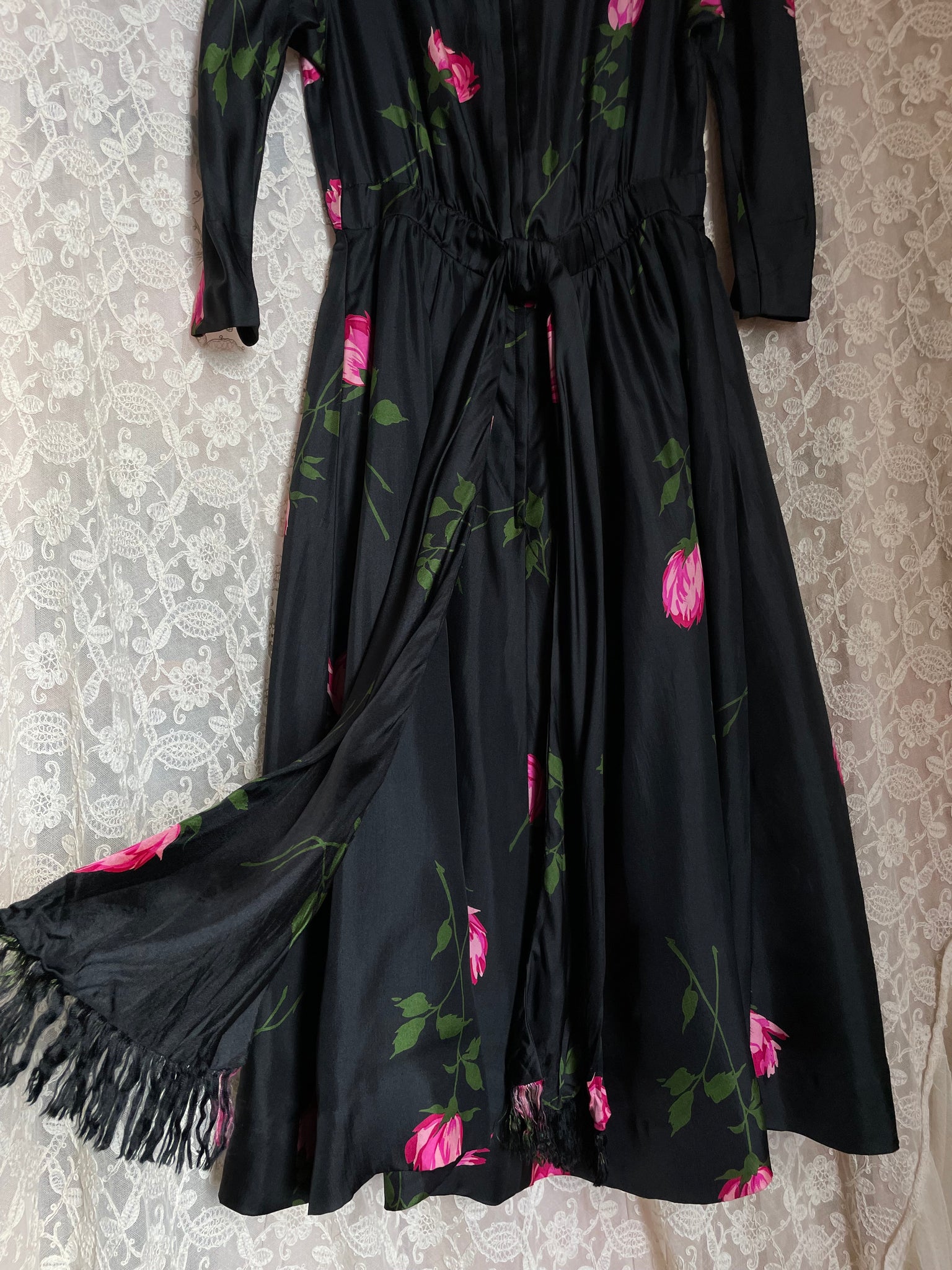1950s Silk Black Pink Rose Printed Midi Dress